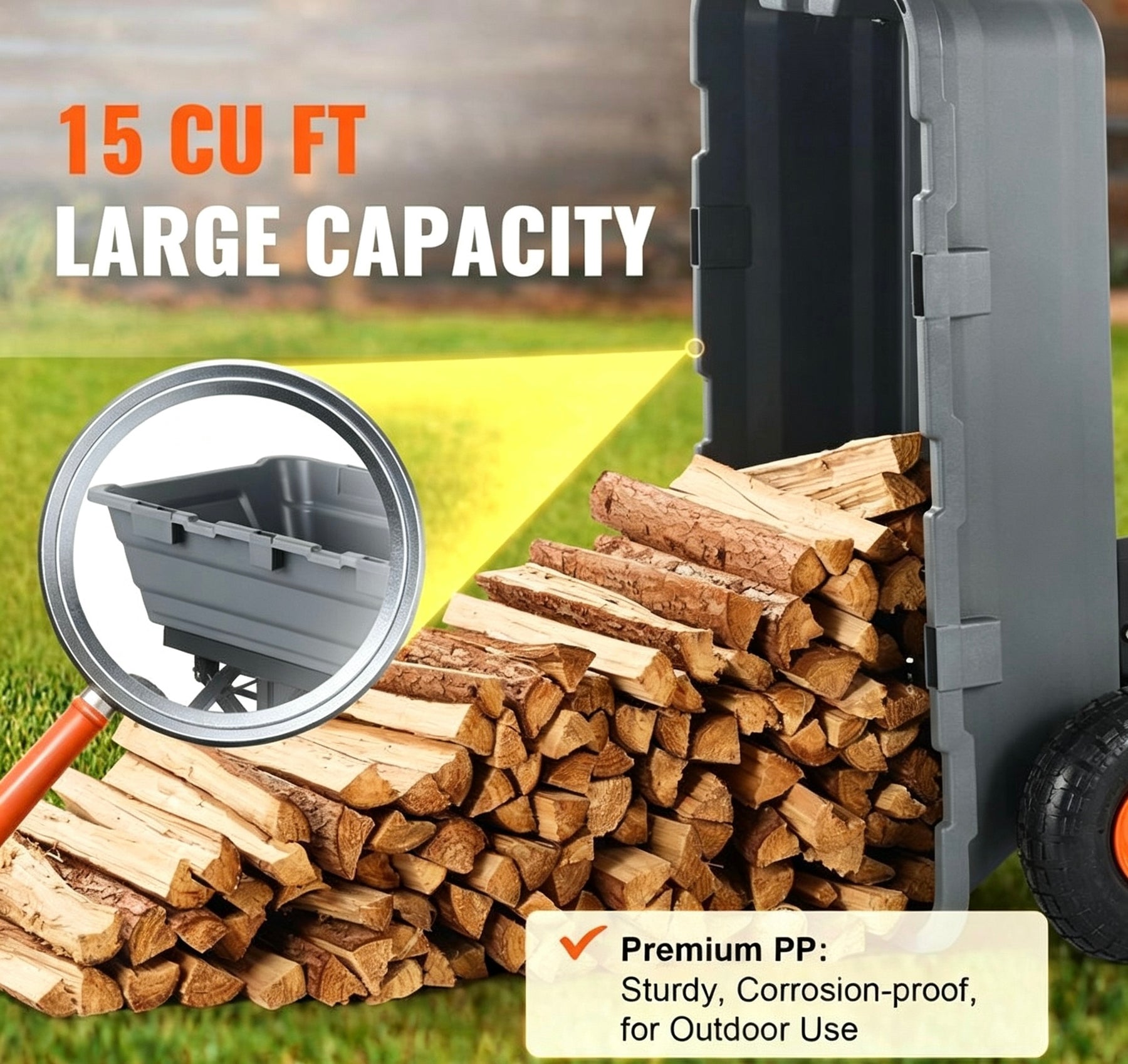 15 cubic foot large capacity garden cart with corrosion resistant PP tub