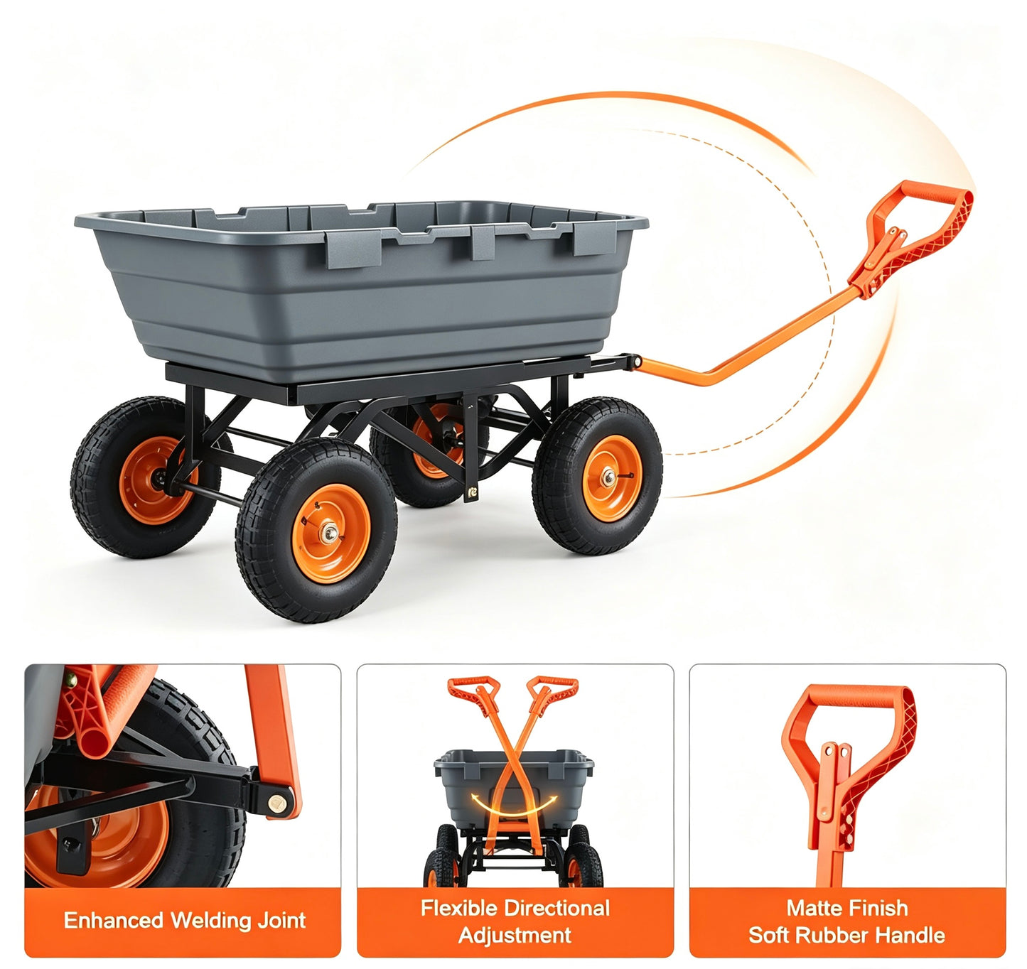 Heavy-Duty Garden Dump Cart with 2-in-1 Convertible Handle, 13" All-Terrain Wheels & 1,500-Lb Load Capacity
