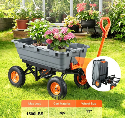 Heavy-Duty Garden Dump Cart with 2-in-1 Convertible Handle, 13" All-Terrain Wheels & 1,500-Lb Load Capacity