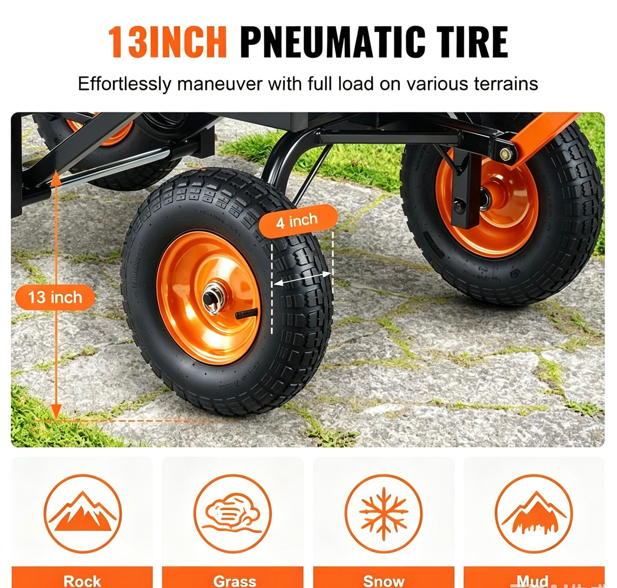13-inch pneumatic all-terrain wheels on heavy duty garden dump cart